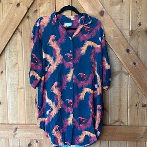 Printed Button-Front Shirt Dress in Navy with Coral & Pink Motif